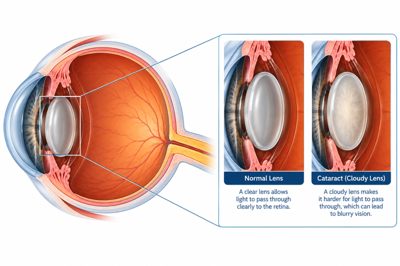 Illustration of a pediatric cataract comparing a normal clear eye lens with a cloudy cataract lens